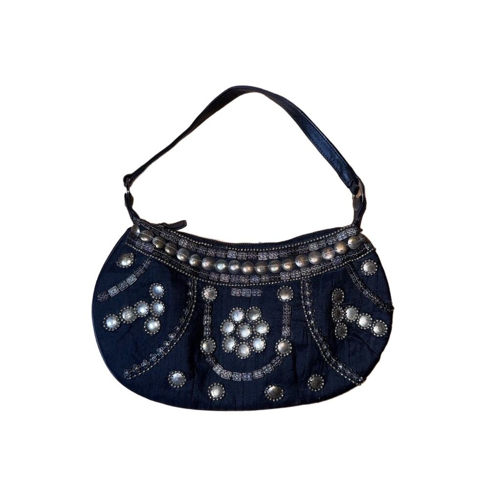 Express Black Studded Crescent Hobo Shoulder Bag Zipper Closure